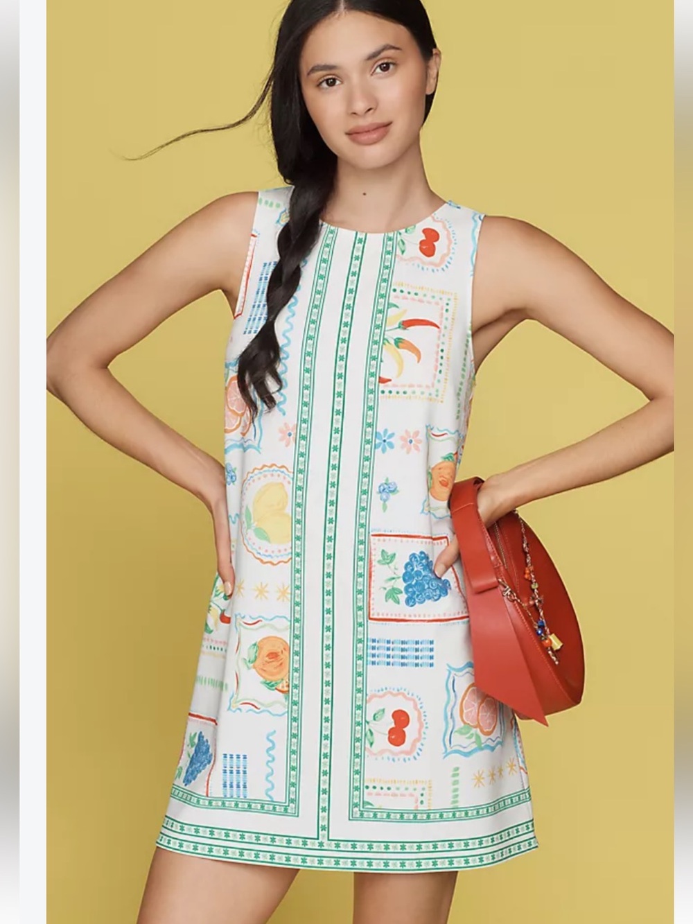 Maeve Anthropologie White Fruit Print Sleeveless Shift Mini Dress Sz. MP